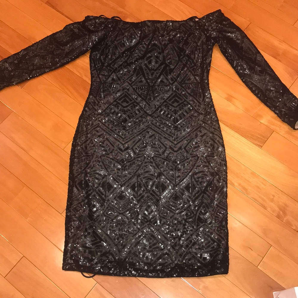 BCBG Black Sequin Off Shoulder Dress